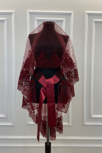 Burgundy Beaded Flock Print Glitter Bridal Veil Set - ZEYMERADE (1)