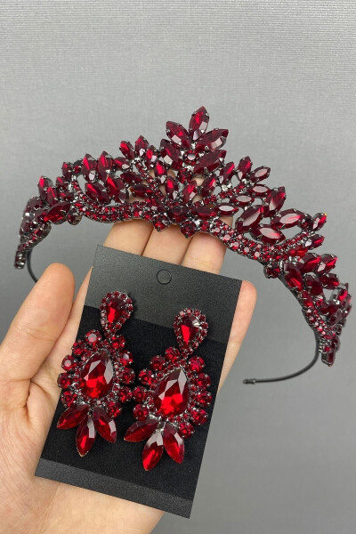 Burgundy Berlin Model Bridal Henna Crown and Earrings - 2