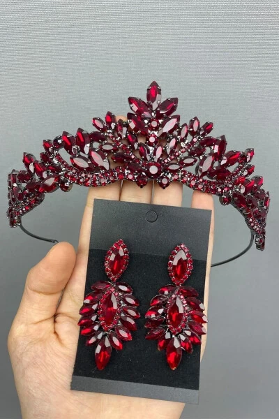 Burgundy Berlin Model Bridal Henna Crown And Earrings - 1