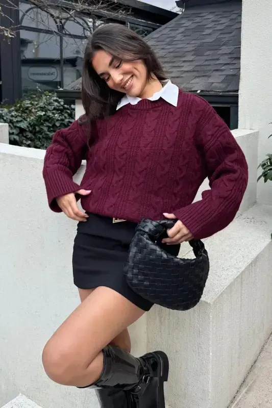 Burgundy Bicycle Collar Knitted Tricot Sweater MG2009-Burgundy - 1