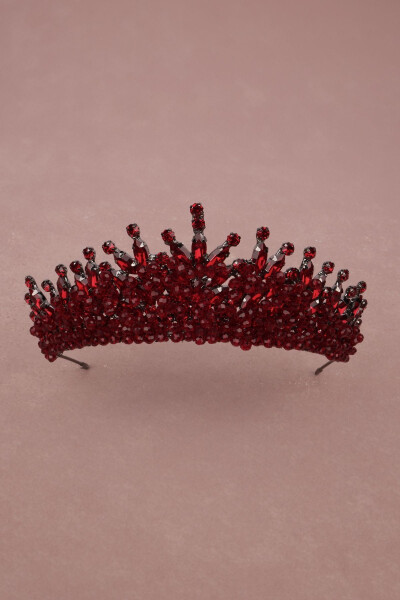 Burgundy Bridal Henna Wedding Crown with Crystal Stone and Bead Embellishments - 12