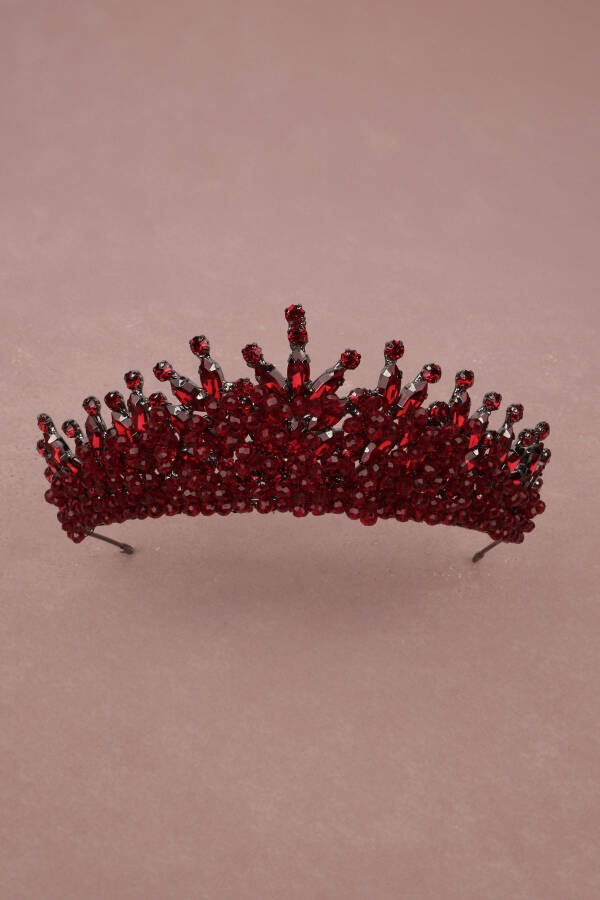 Burgundy Bridal Henna Wedding Crown with Crystal Stone and Bead Embellishments - 12