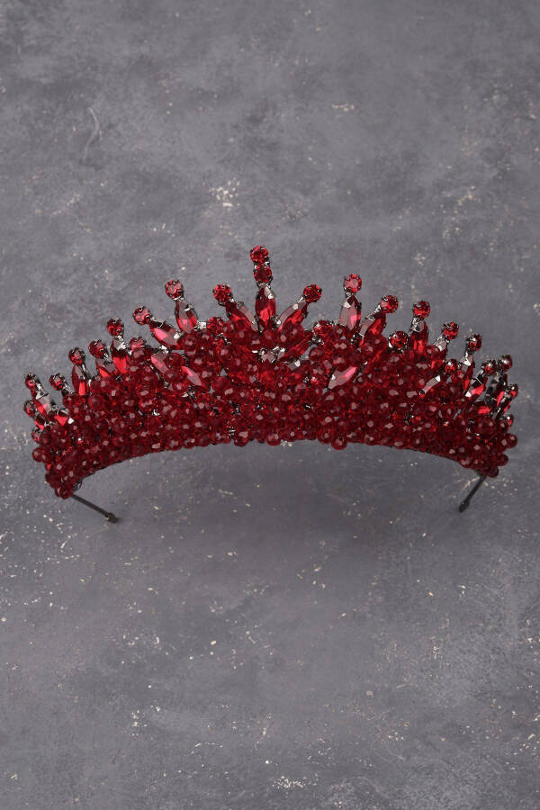 Burgundy Bridal Henna Wedding Crown with Crystal Stone and Bead Embellishments - 13