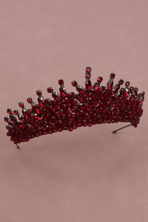 Burgundy Bridal Henna Wedding Crown with Crystal Stone and Bead Embellishments - 14