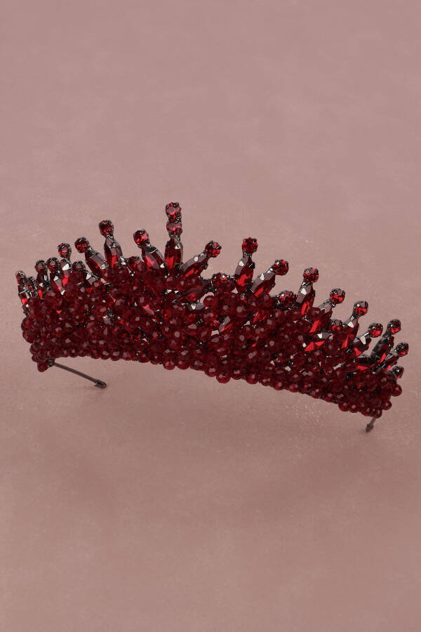 Burgundy Bridal Henna Wedding Crown with Crystal Stone and Bead Embellishments - 15