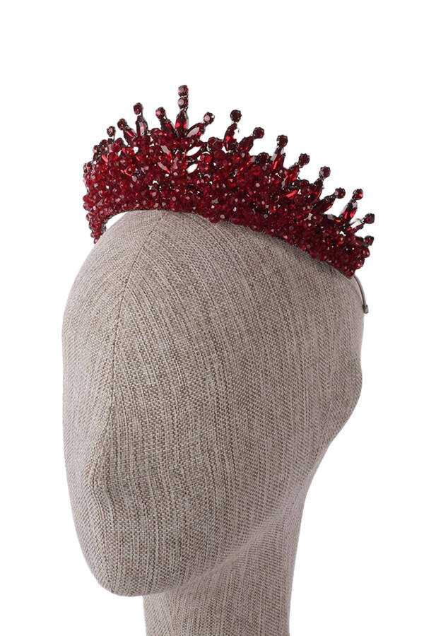 Burgundy Bridal Henna Wedding Crown with Crystal Stone and Bead Embellishments - 16