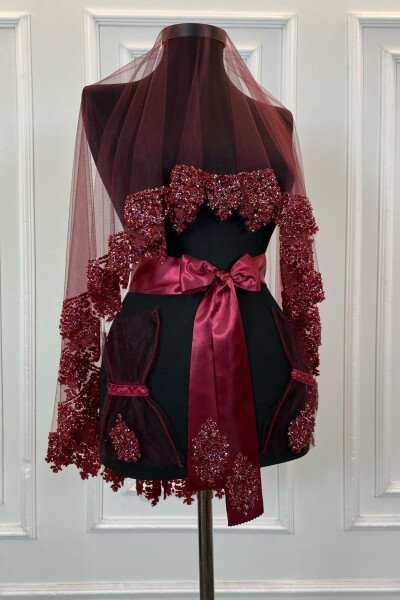 Burgundy Bridal Veil Set, Glass Bead and Sequined Henna Veil Set 6 Pieces 
