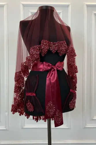 Burgundy Bridal Veil Set, Glass Bead and Sequined Henna Veil Set 6 Pieces 