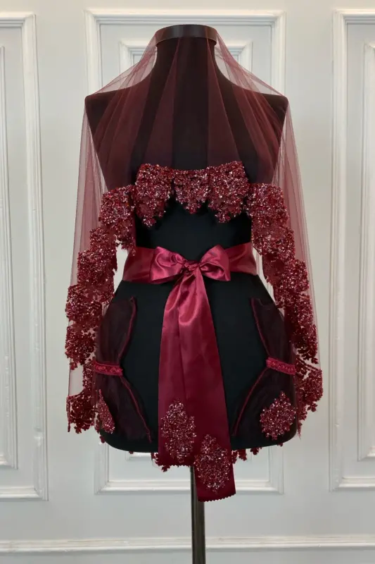 Burgundy Bridal Veil Set, Glass Bead and Sequined Henna Veil Set 6 Pieces - 2