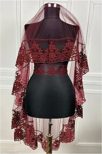 Burgundy Bridal Veil Set, Groom Shoulder Cover, Jewelry Ribbon, Hand Rose, Henna Veil Shawl, 10 Pieces-Burgundy - 7