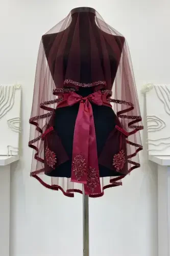 Burgundy Bridal Veil Set, Henna Veil Set with Glass Beads and Sequin Print 6 Pieces-VeilBurgundy - ZEYMERADE (1)