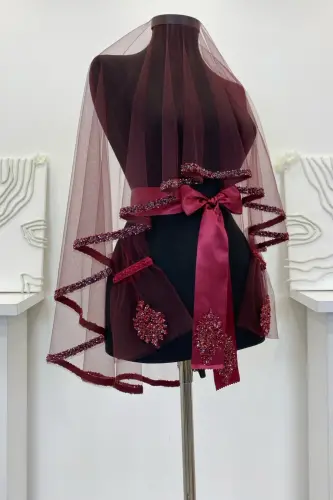 Burgundy Bridal Veil Set, Henna Veil Set with Glass Beads and Sequin Print 6 Pieces-VeilBurgundy 