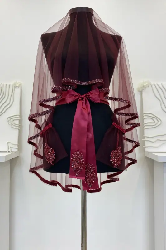 Burgundy Bridal Veil Set, Henna Veil Set with Glass Beads and Sequin Print 6 Pieces-VeilBurgundy - 2