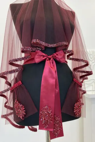Burgundy Bridal Veil Set, Henna Veil Set with Glass Beads and Sequin Print 6 Pieces-VeilBurgundy - 3