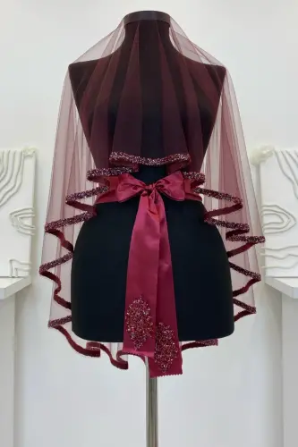 Burgundy Bridal Veil Set, Henna Veil Set with Glass Beads and Sequin Print 6 Pieces-VeilBurgundy - 7