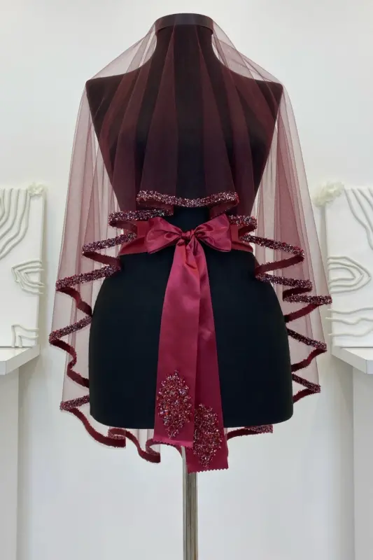 Burgundy Bridal Veil Set, Henna Veil Set with Glass Beads and Sequin Print 6 Pieces-VeilBurgundy - 7