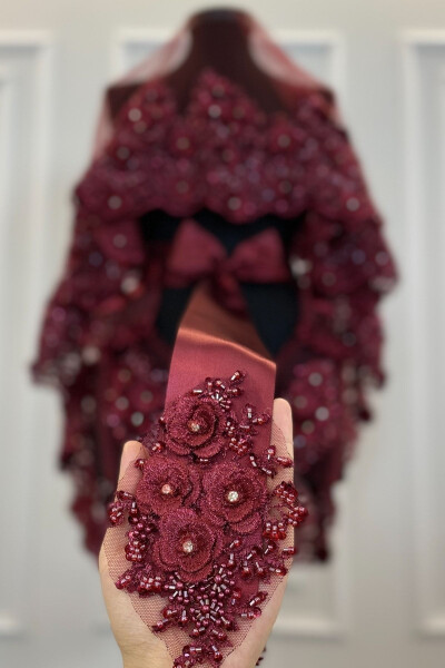 Burgundy Bridal Veil Set, Henna Veil, VIP Model - 35