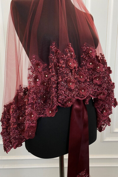 Burgundy Bridal Veil Set, Henna Veil, VIP Model - 40