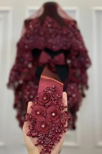 Burgundy Bridal Veil Set, Henna Veil, VIP Model - 6
