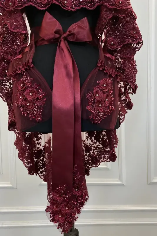Burgundy Bridal Veil Set, Henna Veil, VIP Model - 8