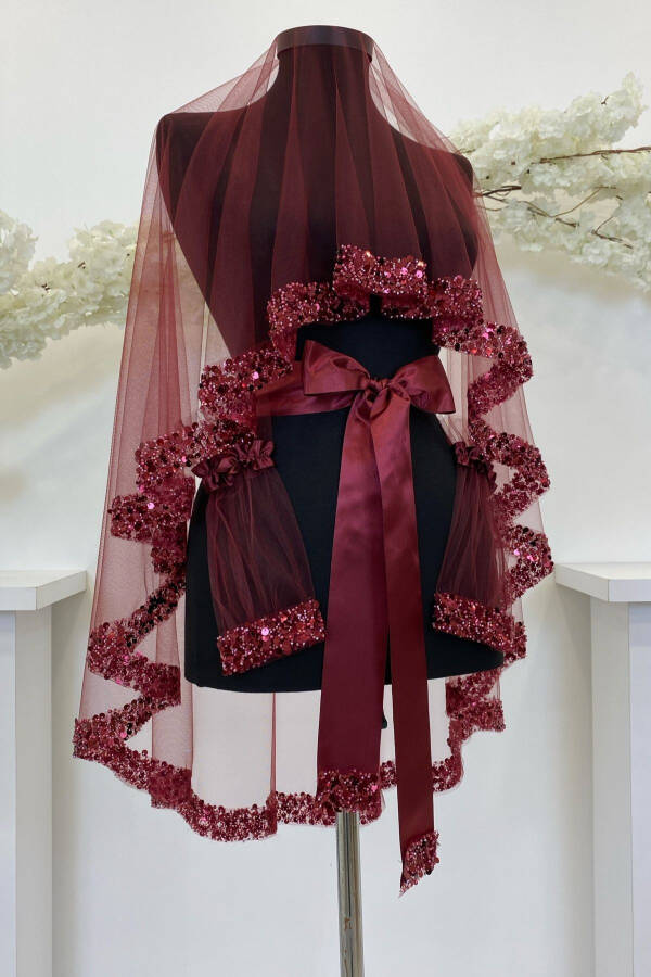 Burgundy Bridal Veil Set, Sparkling Crystal Glass Beads, Pearl and Sequined Henna Veil 6 Pieces - 57