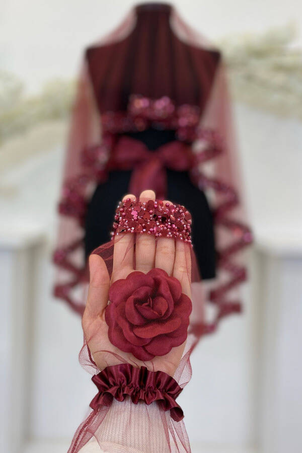 Burgundy Bridal Veil Set, Sparkling Crystal Glass Beads, Pearl and Sequined Henna Veil 6 Pieces - 60