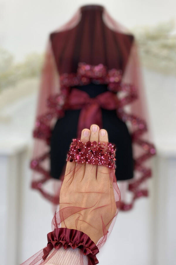 Burgundy Bridal Veil Set, Sparkling Crystal Glass Beads, Pearl and Sequined Henna Veil 6 Pieces - 61