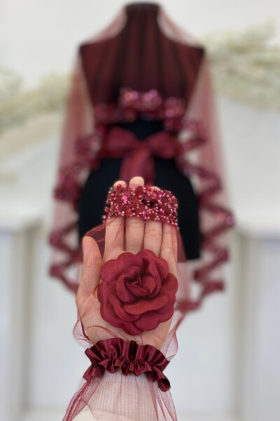 Burgundy Bridal Veil Set, Sparkling Crystal Glass Beads, Pearl and Sequined Henna Veil 6 Pieces - 52