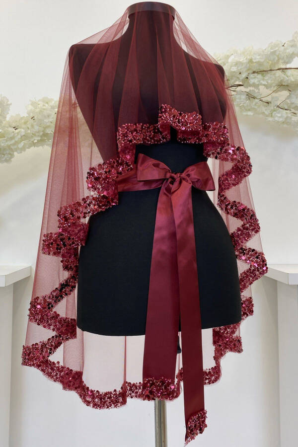 Burgundy Bridal Veil Set, Sparkling Crystal Glass Beads, Pearl and Sequined Henna Veil 6 Pieces - 64