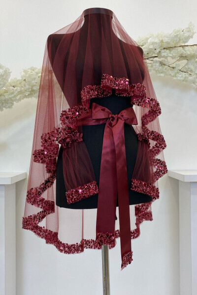 Burgundy Bridal Veil Set, Sparkling Crystal Glass Beads, Pearl and Sequined Henna Veil 6 Pieces - 18