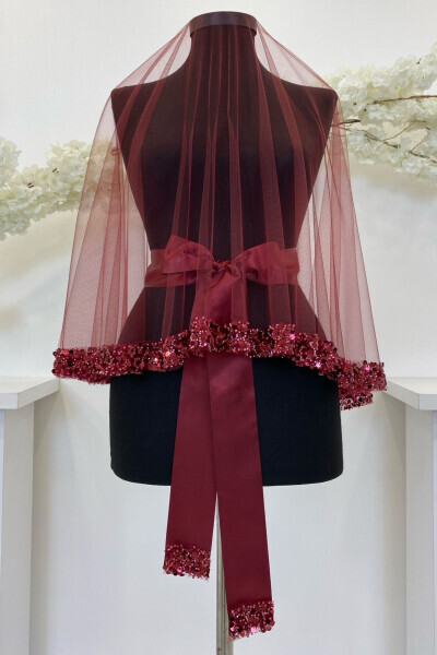 Burgundy Bridal Veil Set, Sparkling Crystal Glass Beads, Pearl and Sequined Henna Veil 6 Pieces - 15