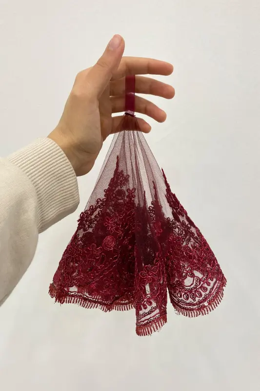 Burgundy Bride Groom Halay Handkerchief, Shiny Guipure, Wedding Henna Night Bridesmaid Engagement, Bride-MENDILTELKRMBORDO - 2