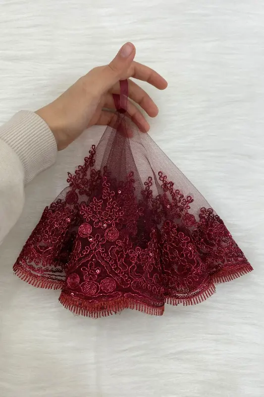 Burgundy Bride Groom Halay Handkerchief, Shiny Guipure, Wedding Henna Night Bridesmaid Engagement, Bride-MENDILTELKRMBORDO - 4