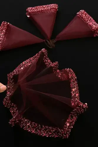 Burgundy Bride Handkerchief, Halay Handkerchief, Sequined Beaded Sequin Elegant Water Stone Model-SADECEMENDİLSUTAŞLIZARİFBORDO - 1