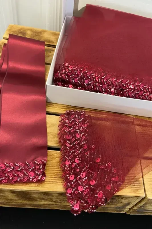 Burgundy Bride Handkerchief, Halay Handkerchief, Sequined Beaded Sequin Elegant Water Stone Model-SADECEMENDİLSUTAŞLIZARİFBORDO - 2