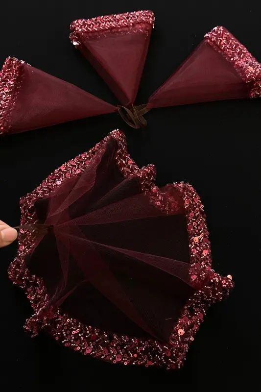Burgundy Bride Handkerchief, Halay Handkerchief, Sequined Beaded Sequin Elegant Water Stone Model-SADECEMENDİLSUTAŞLIZARİFBORDO - 3