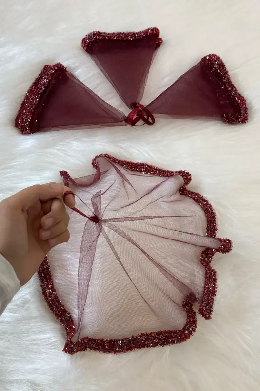 Burgundy Bride Handkerchief, Wedding Halay Handkerchief, Kina Handkerchief with Glass Bead and Sequin Print-Burgundy - ZEYMERADE