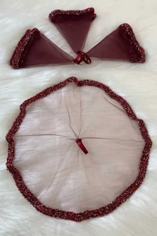 Burgundy Bride Handkerchief, Wedding Halay Handkerchief, Kina Handkerchief with Glass Bead and Sequin Print-Burgundy - 2