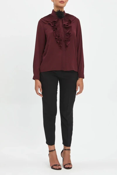 Burgundy Button Down Shirt with Ruffle Collar and Flower Brooch 40256 - Modazone