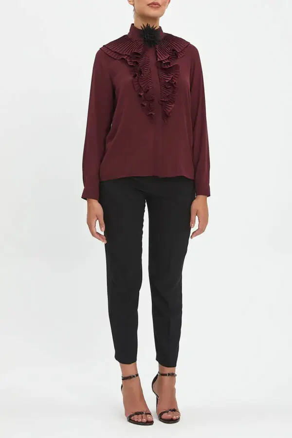 Burgundy Button Down Shirt with Ruffle Collar and Flower Brooch 40256 - 1