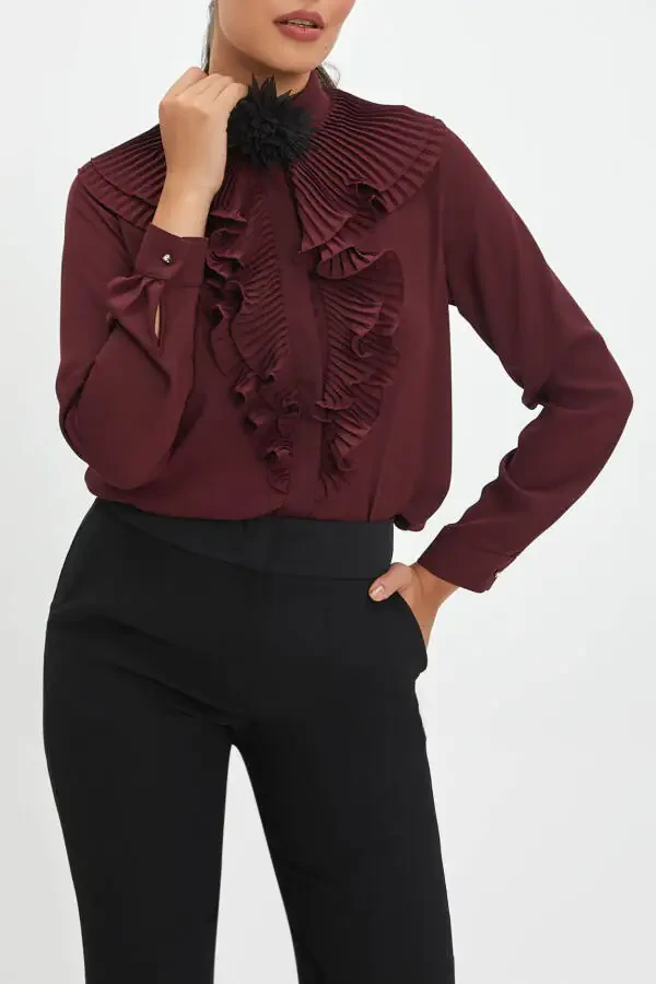 Burgundy Button Down Shirt with Ruffle Collar and Flower Brooch 40256 - 2