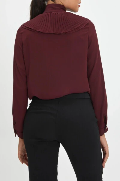 Burgundy Button Down Shirt with Ruffle Collar and Flower Brooch 40256 - 3