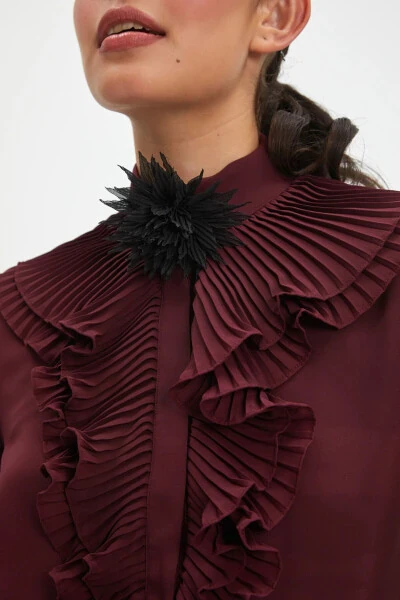 Burgundy Button Down Shirt with Ruffle Collar and Flower Brooch 40256 - 4