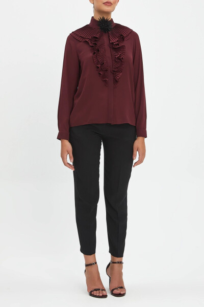 Burgundy Button Down Shirt with Ruffle Collar and Flower Brooch 40256 - SERPİL