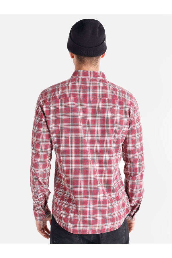 Burgundy, checkered, long-sleeved, slim fit men's shirt. Pocket details. - 2