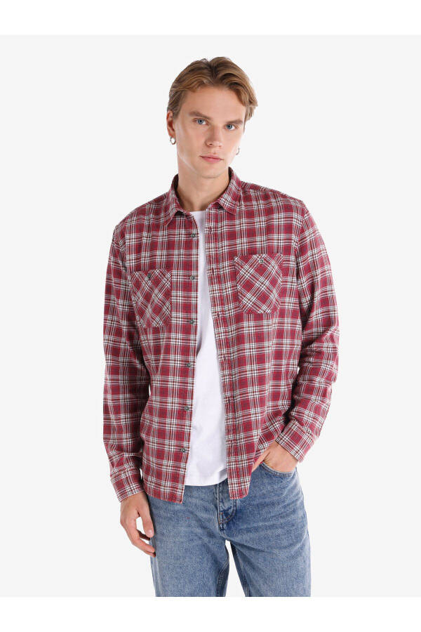 Burgundy, checkered, long-sleeved, slim fit men's shirt. Pocket details. - 5