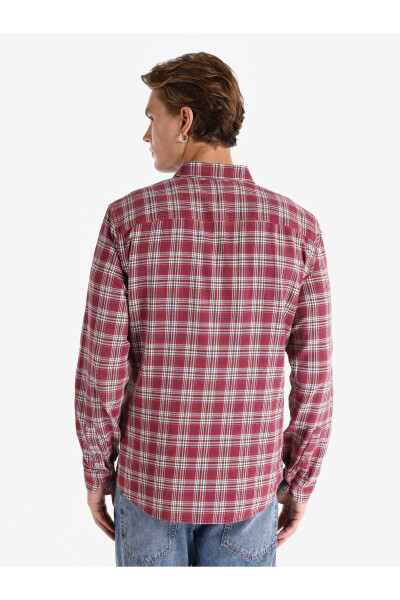 Burgundy, checkered, long-sleeved, slim fit men's shirt. Pocket details. - 6