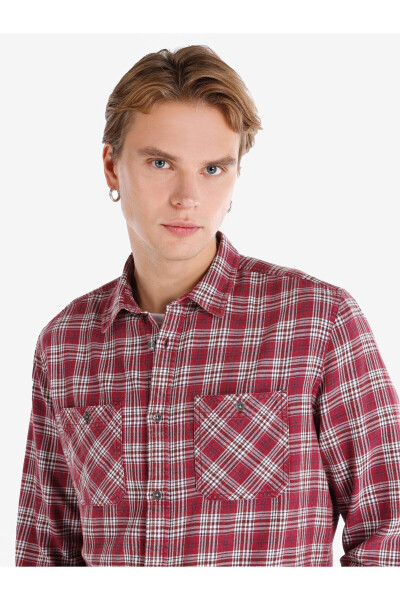 Burgundy, checkered, long-sleeved, slim fit men's shirt. Pocket details. - 8