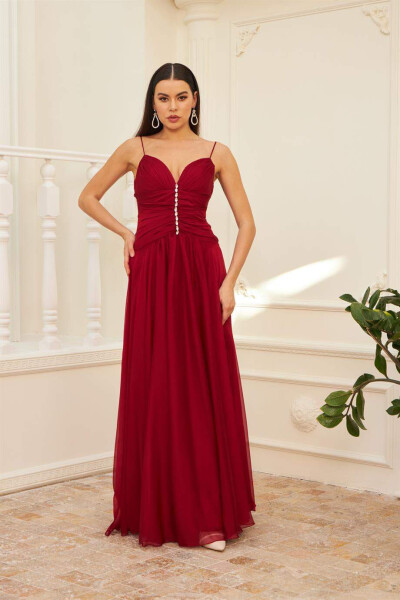 Burgundy Chiffon Strapless Long Evening Dress & Party Dress - 1