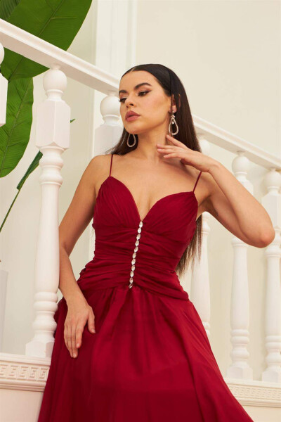 Burgundy Chiffon Strapless Long Evening Dress & Party Dress - 3